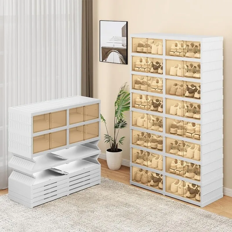 

8 Tiers-32 Pairs Easy Assembly Shoe Rack with Magnetic Doors, Foldable Shoe Storage Boxes for Closet, Shoe Cabinet Sneaker