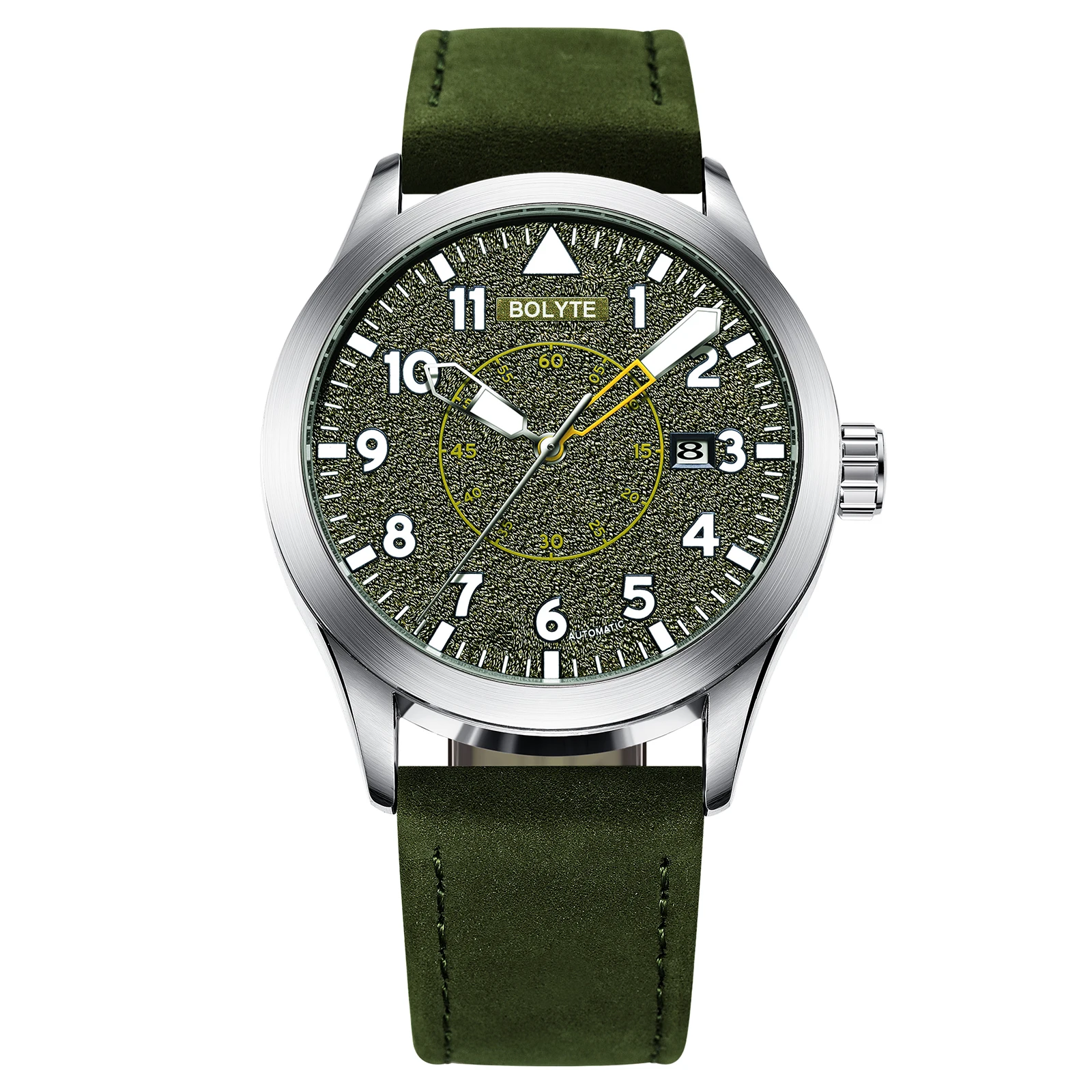 BOLYTE New Fashion Yellow Dial Black Case Date Display Leather Strap Men's Mechanical Watch Business Male Automatic Wristwatches