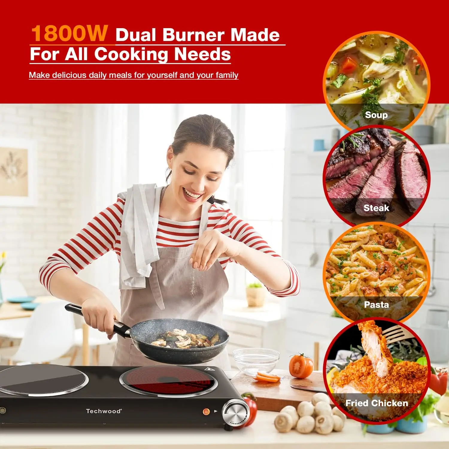 Turkwood Electric double hot plate 1800W, countertop stove, double stove burner for cooking, infrared ceramics 4