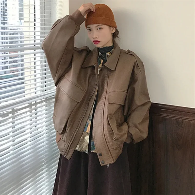 2023 New Style Vintage Leather Coat Women's Autumn Winter Tidal Sugihara Style Jacket Foreign Versatile Plus Plush Thick Couple