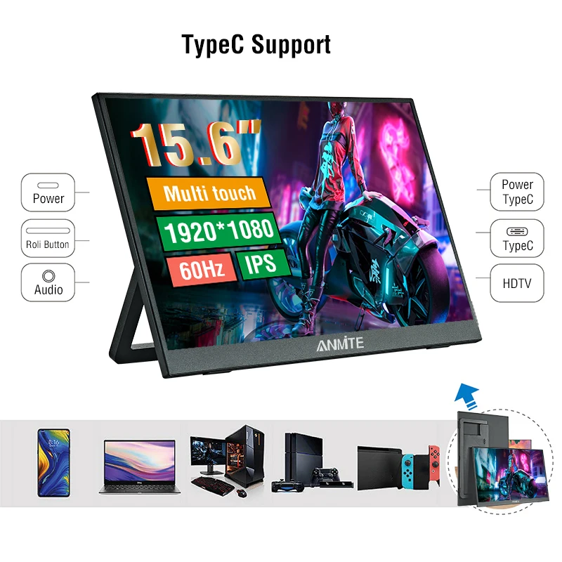 Anmite 15.6-Inch Portable Touch Monitor 1080P HDR 16:9 Low Blue Light For XBox PS4 / 5 Switch Cell Phone PC Loptop Extension 5