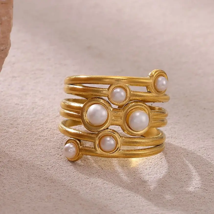 Pearl Rings Gold Stainless Steel for Women