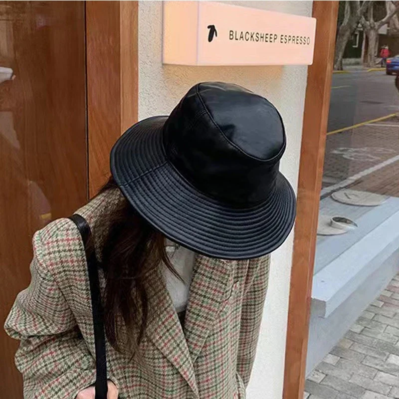 

Leather Genuine Bucket Hat For Women Korean Fashion Surper Big Brim Sheepskin Fisherman Caps Mujer Black Bob Chapeau Streetwear