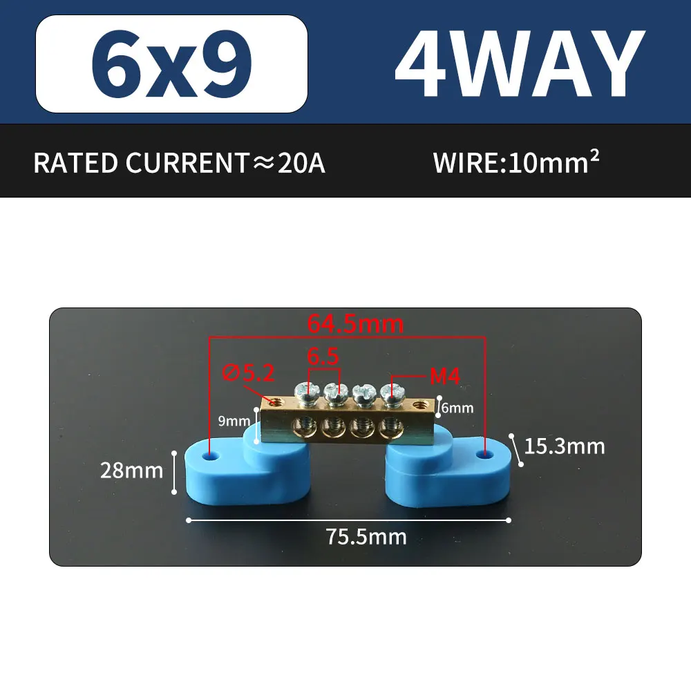 DIN Rail Terminal Block - Blue Bridge Type Copper Ground Bar with Multiple Hole Options
