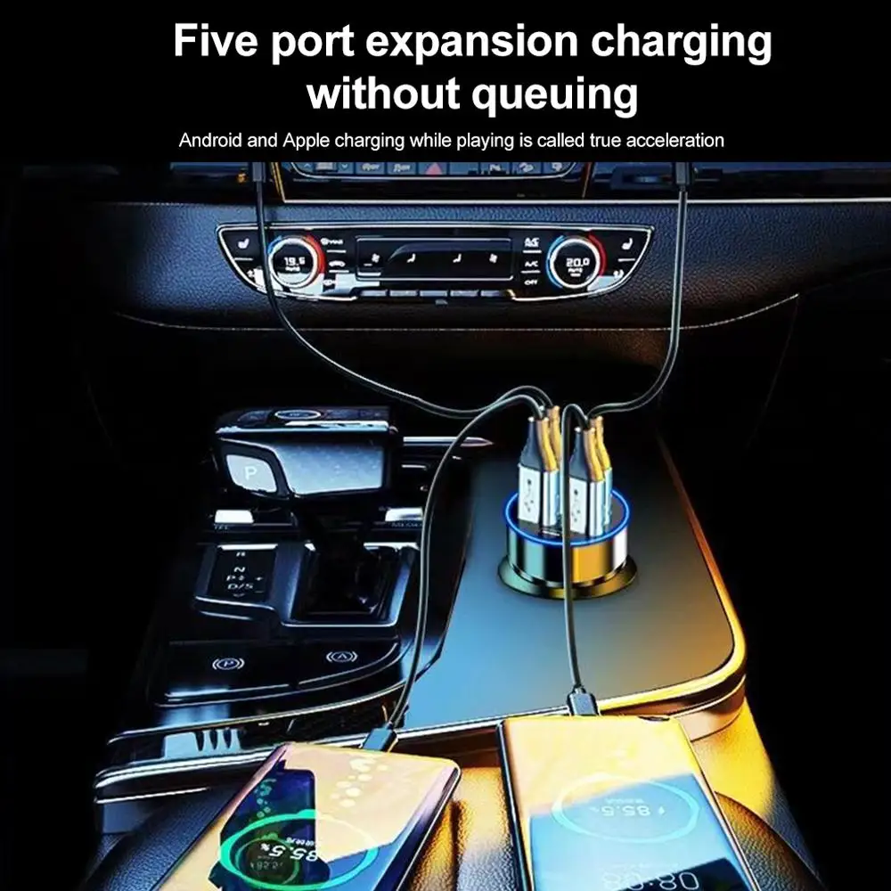 Adattatore per caricabatterie da auto QC3.0 5 in 1 con doppia porta PD e ricarica rapida USB con display di tensione per iPhone, Samsung, Huawei_voghion.com