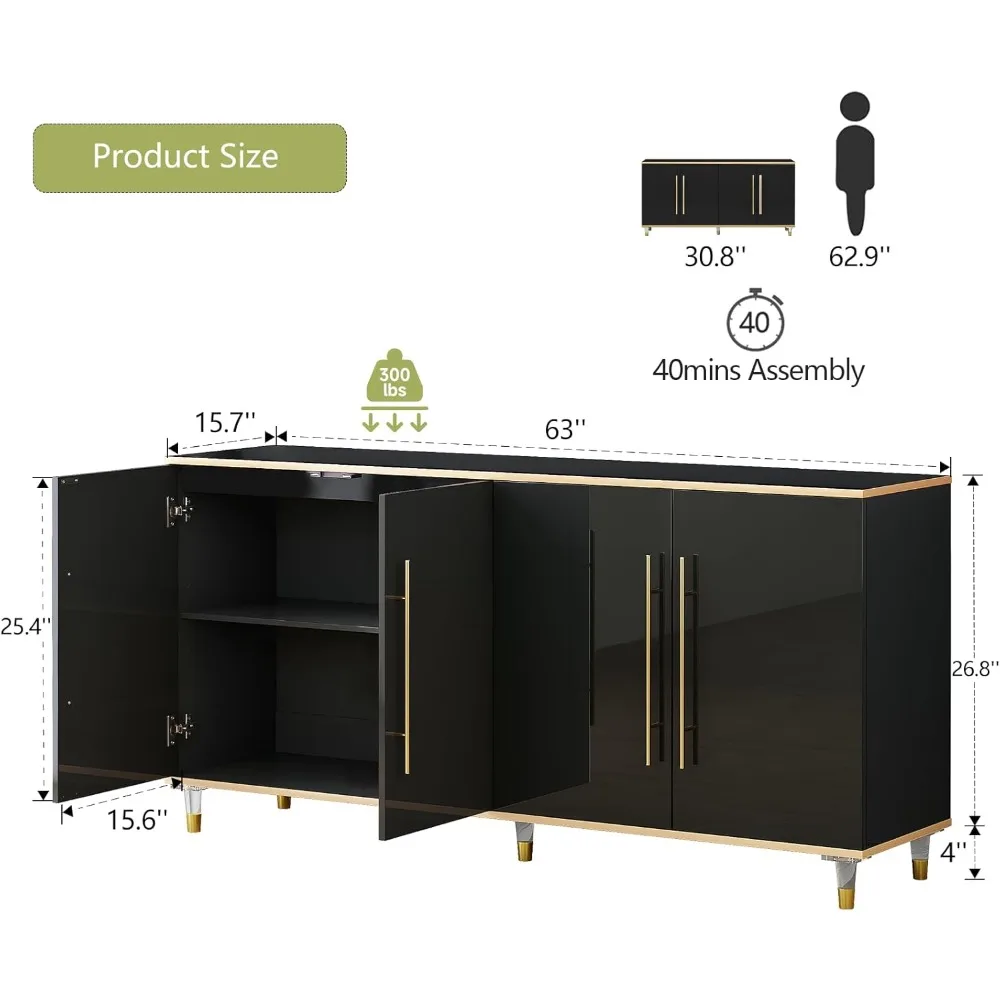 63" Buffet Sideboard Cabinet with Storage, High Glossy Coffee Bar Cabinet with Adjustable Shelves & Doors, Modern Storage Consol 2