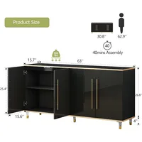 63" Buffet Sideboard Cabinet with Storage, High Glossy Coffee Bar Cabinet with Adjustable Shelves & Doors, Modern Storage Consol 2