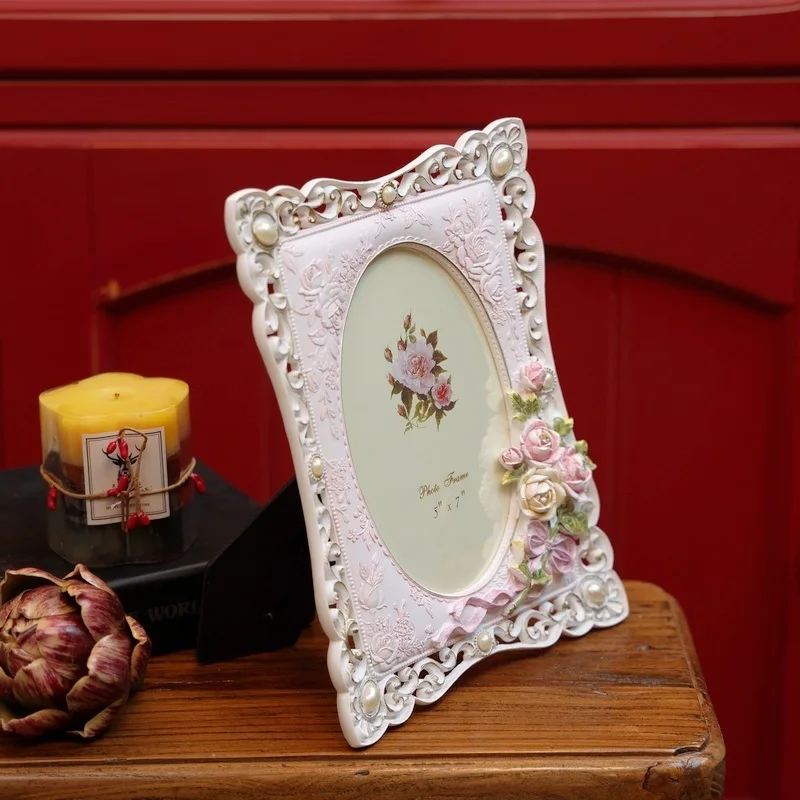 Pink Rose Imitation Pearl Series Warm Resin Picture Frame,Home Desktop Photo Frame