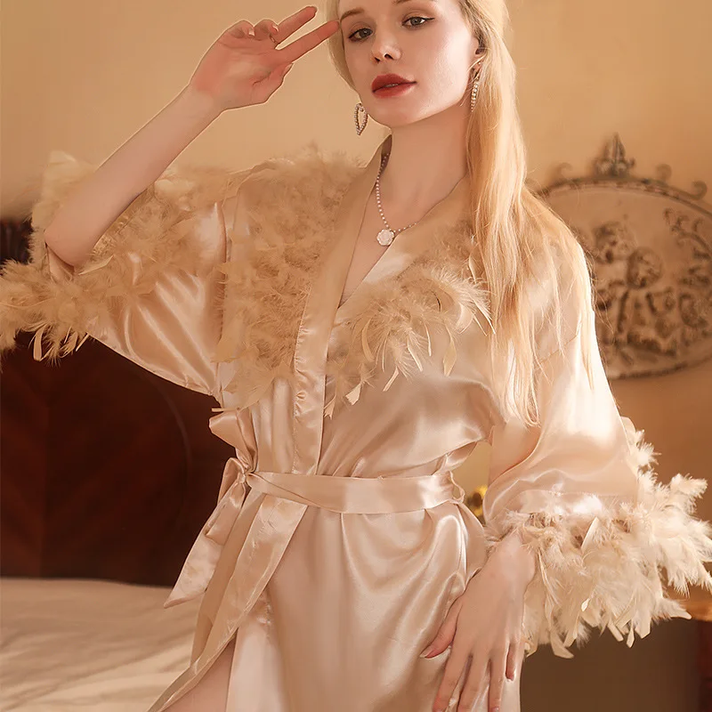 Daeyard elbiseler kad nlar icin saten Kimono elbiseler Plume Trim ipeksi bornoz ipek elbiseler k sa gelin du un Robe sabahl k