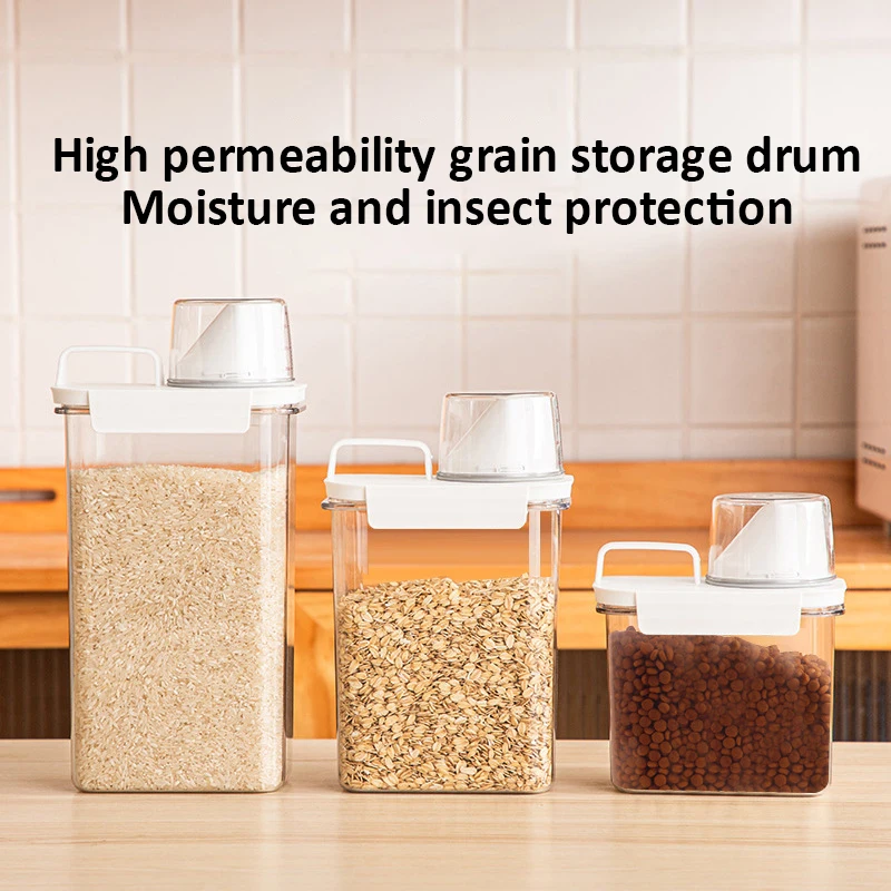 Airtight Food Storage Container Cereal Dispenser Transparent Kitchen Cereal Jar With Measuring Cup Household Organizer Box Set