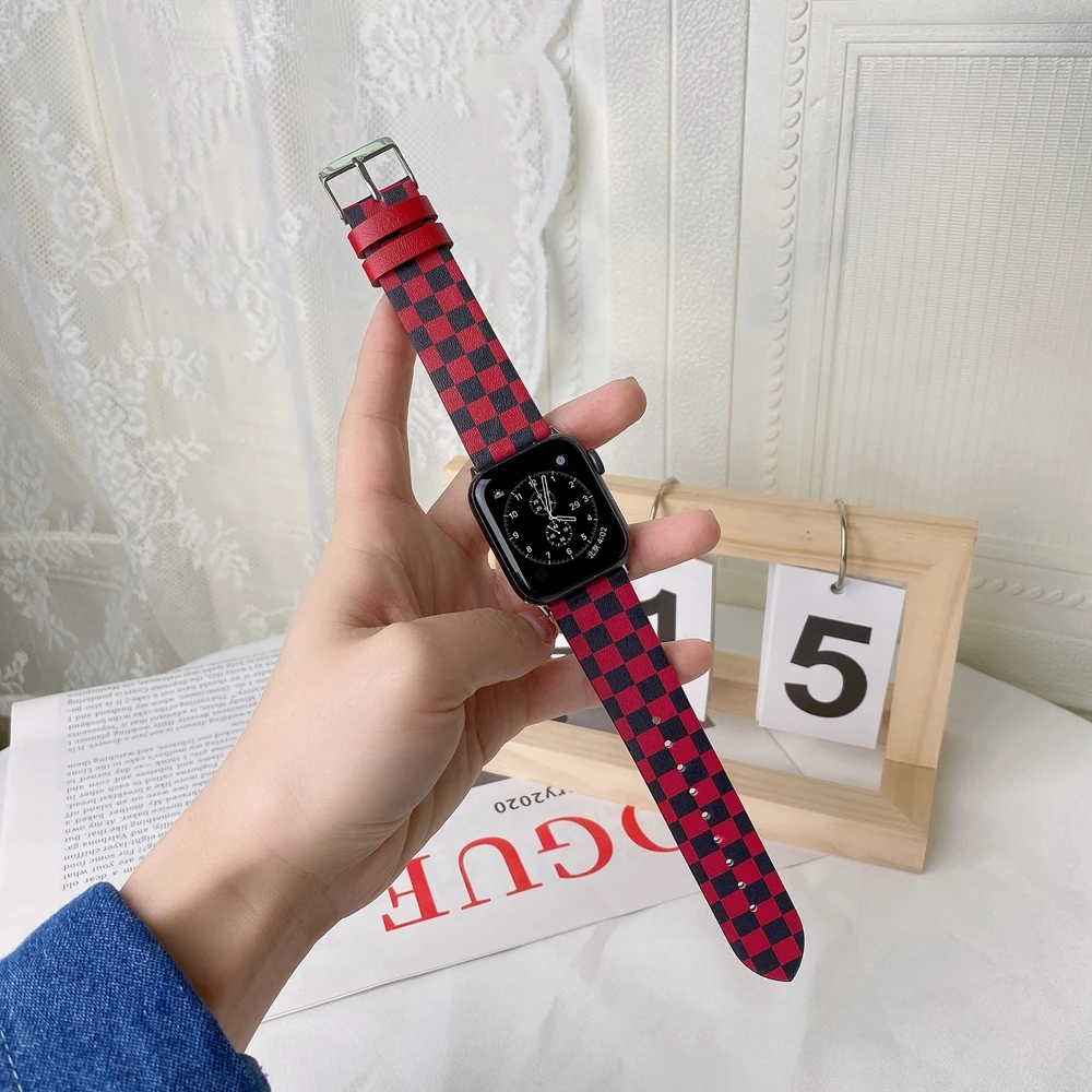 

Newest Genuine Leather Strap 38mm Series7 6 5 for Apple Watch 40/44mm 42mm 4 3 2 1 for iWatch 41mm 45mm Multicolor lattice Band