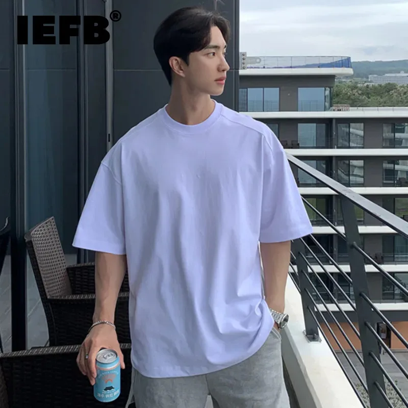 

Футболка IEFB мужская с круглым вырезом, повседневная тенниска с коротким рукавом, тяжелая майка, однотонная свободная простая одежда, лето 2024 9C6416