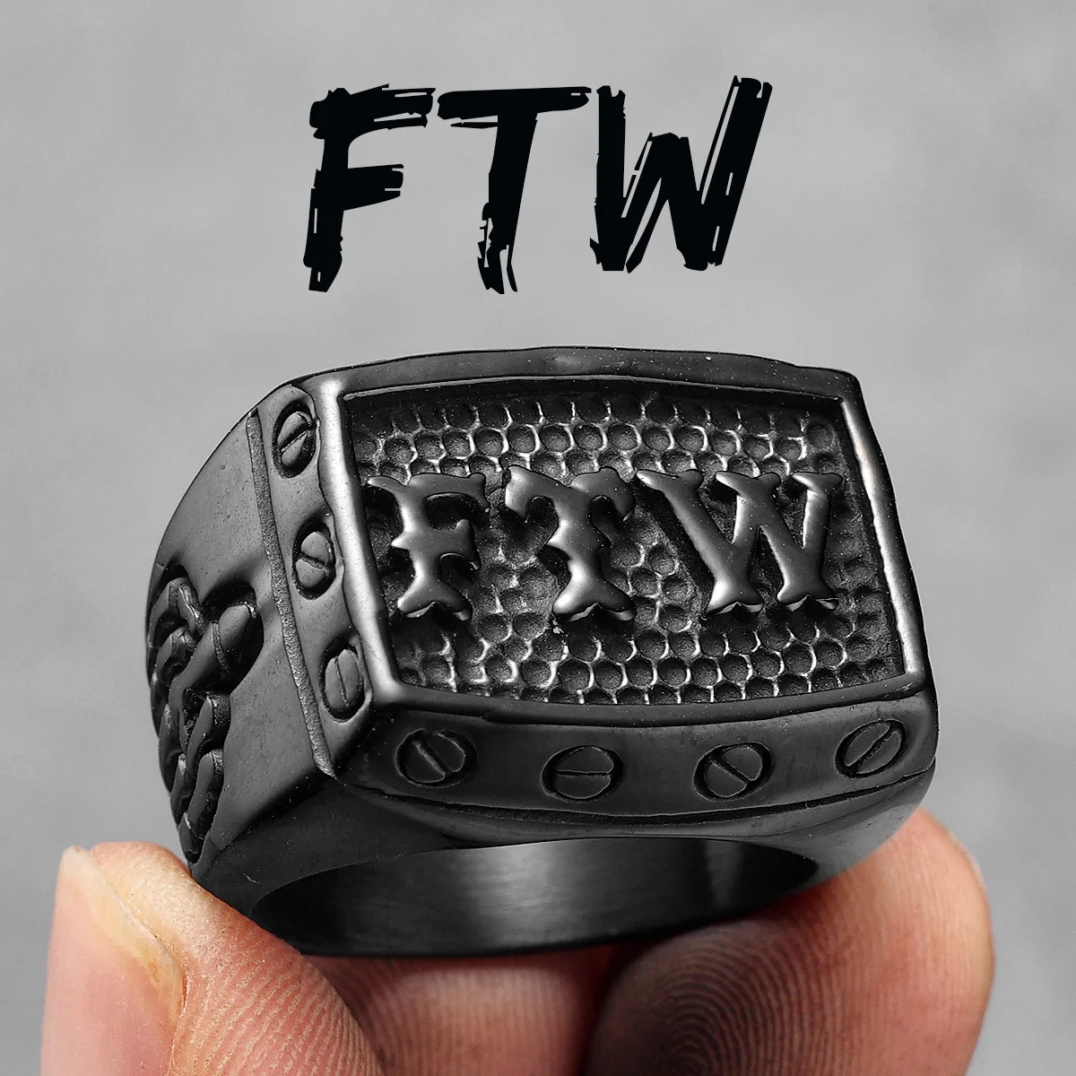 MOWEN Men's Stainless Steel Vintage Biker Ring – Black FTW Middle Finger Design - View #6