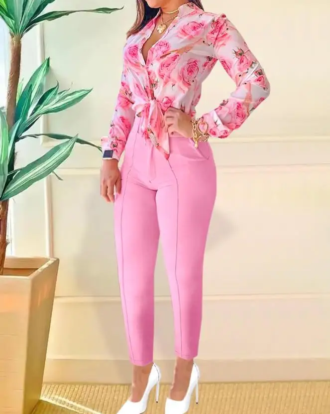 Two Piece Set Women Outfit 2023 Spring Fashion Floral Print Stand Collar Long Sleeve Buttoned Top & Casual Pocket Long Pants Set
