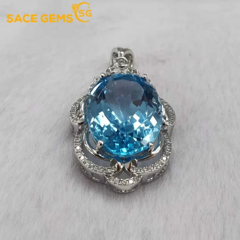 

SACE GEMS 13*18mm Natural Sky Blue Topaz Pendant 925 Sterling Silver Pendant Necklace for Women Everyday Party Fine Jewelry Gift