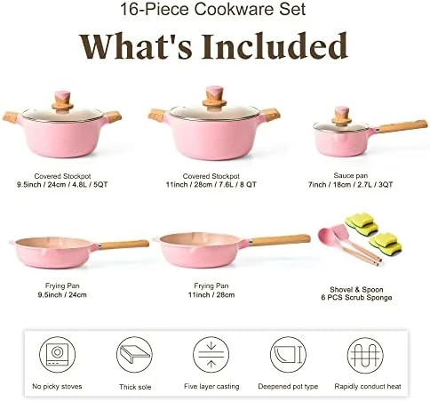 CERAMIC COOKWARE SET NON STICK 16 PCS LID POTS PANS KITCHEN PINK