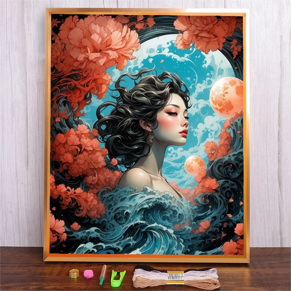 Pre-printed Cross Stitch Kit, DIY Full Pattern Cotton Thread Embroidery, Fabric Embroidery Set, Girl With Flowers