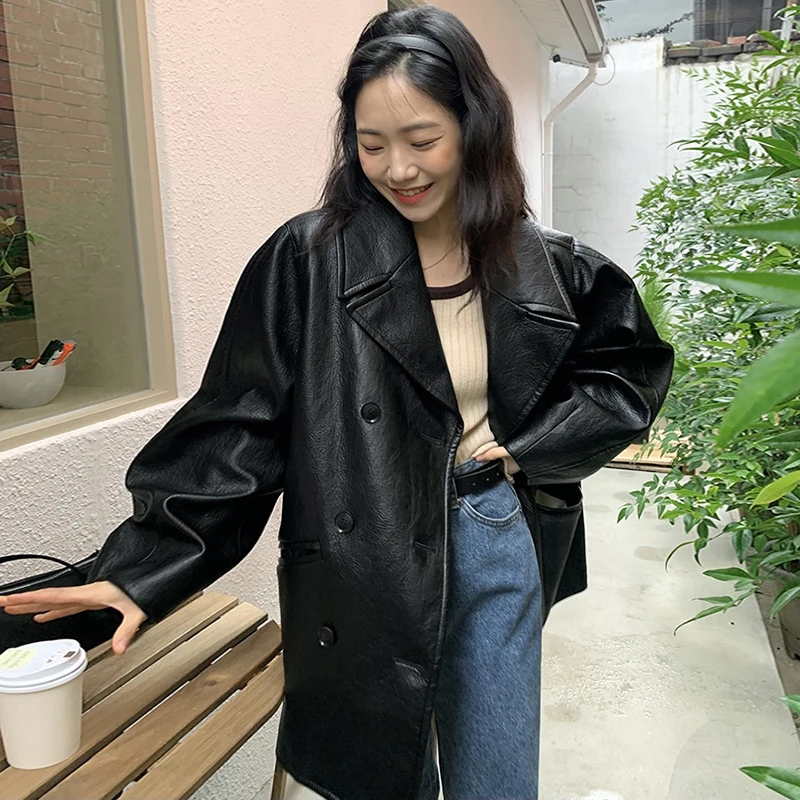 Streetwear Women's Leather Jacket Vintage Double Breasted Notched Collar Casual Black Faux Leather Motorcycle Jackets vestes