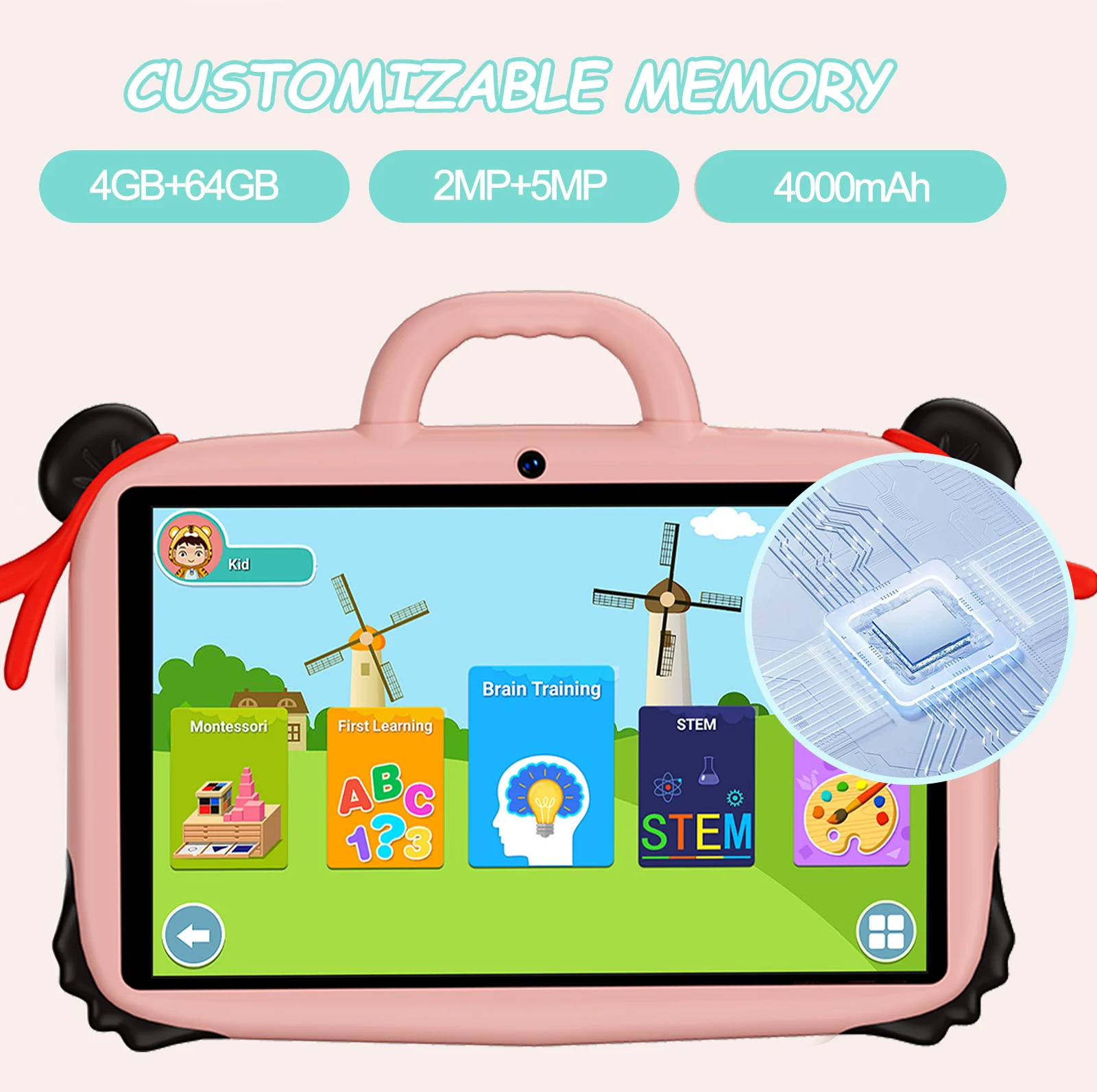 ? 안드로이드 13 키즈 휴대용 태블릿, 4GB램+64GB롬, 듀얼 카메라, 와이파이, 블루투스, 학습용 태블릿, 4000mAh 배터리