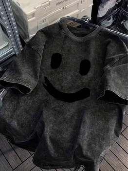 Vintage Oversized Washed Black T-Shirt, Loose-Fit Minimalist Black Smiley Face Print Streetwear Cotton Tee for Men Women