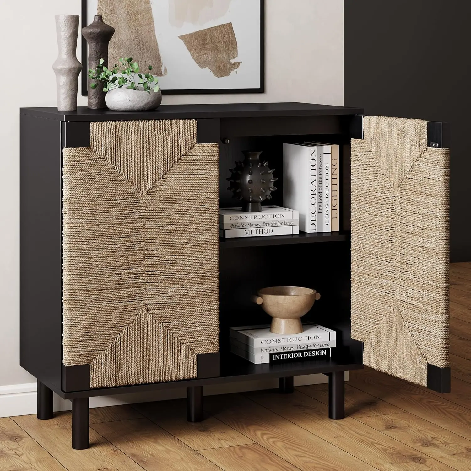 Accent Storage Boho Modern Free Standing Buffet Sideboard Cabinet for Hallway Entryway Dining Living Room, Set of 3 Console