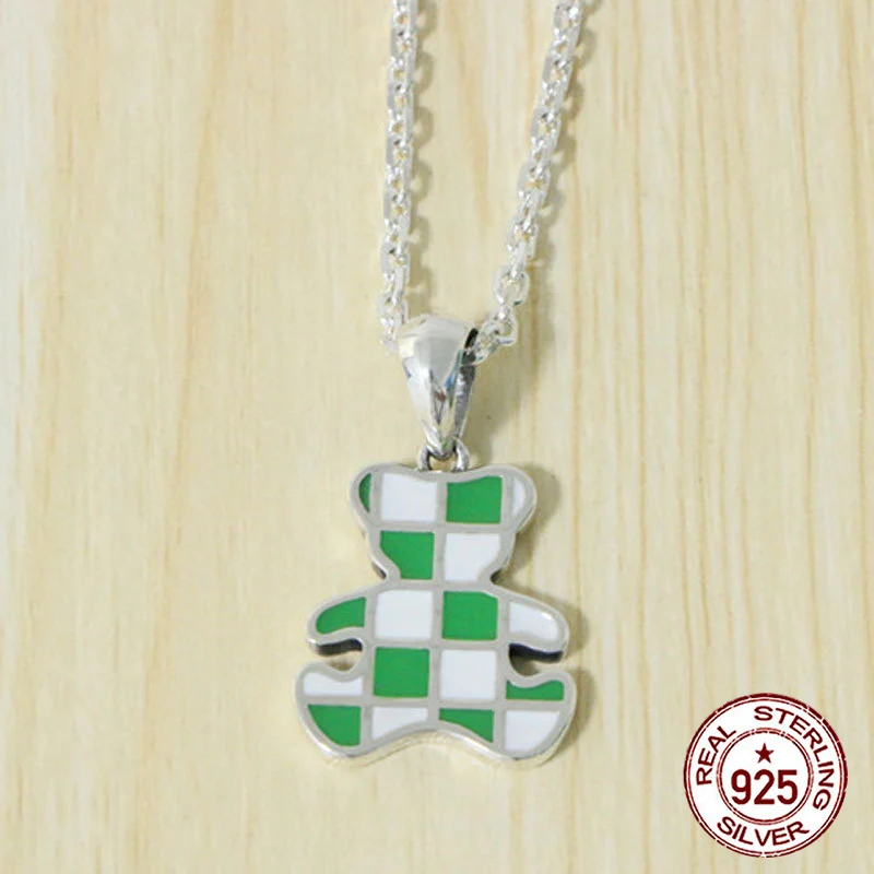 

S925 Sterling Silver Pendant Punk Jewelry Personalized Chessboard Grid Green and White Grid Little Bear Pendant Fashion Trend