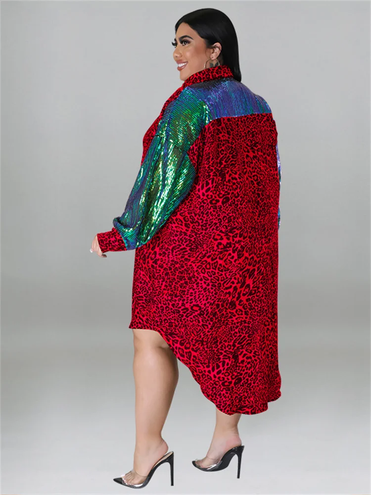 Wmstar Plus Size Party Dresses Women Sequins Sleeve Leopard Patchwork Elegant Midi Shirt Dress Wholesale DropShipping with Belt
