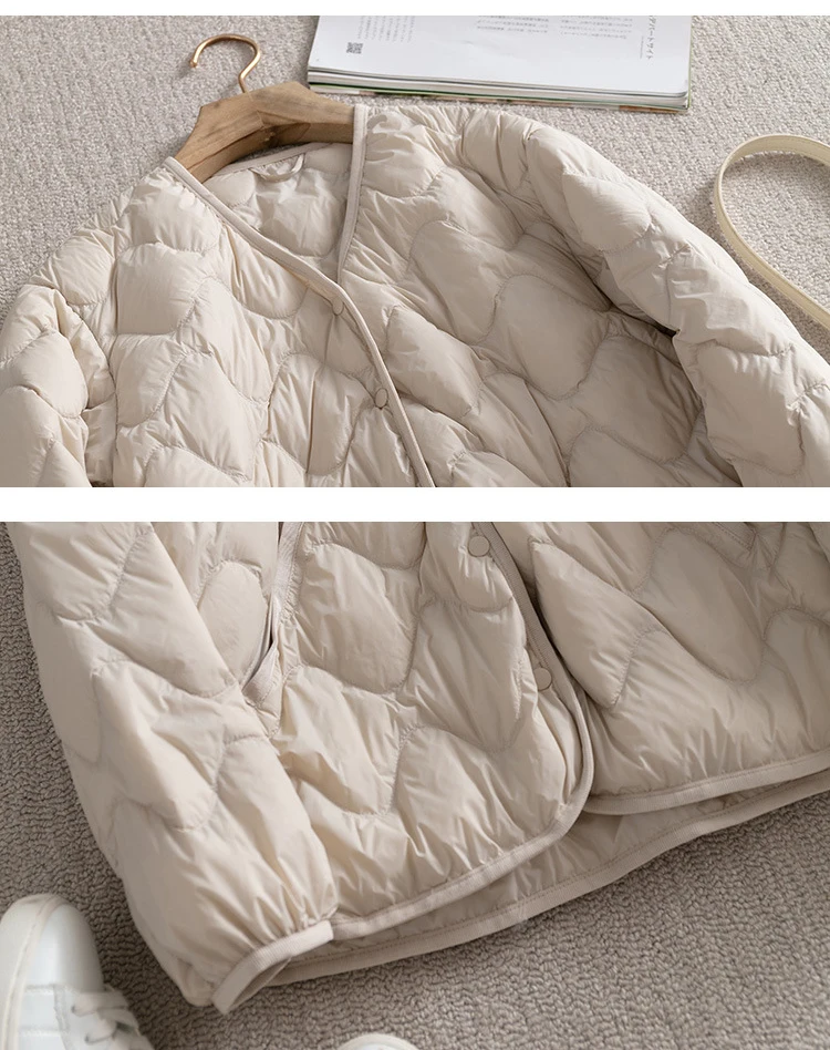 Schinteon Women Ultralight White Duck Down Jacket Argyle V-neck Collar Casual Autumn Winter Outwear Coat 2024 New Fashion
