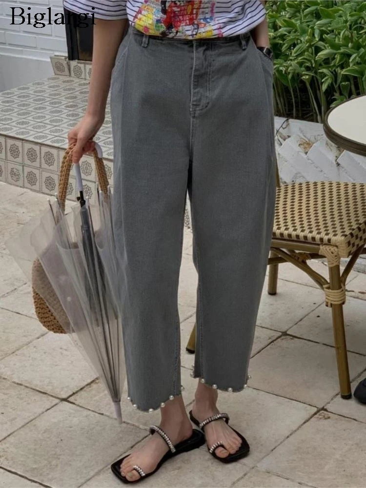 

Джинсы с высокой талией, весна-лето, Длинные прямые брюки, женские модные повседневные брюки в стиле пэчворк с жемчугом, женские брюки в Корейском стиле