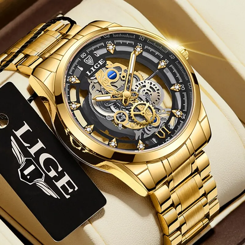 LIGE New Men Watch Skeleton Quartz Wristwatch Gold Skeleton Retro Man Watch Top Brand Luxury Clock Mens Watches Reloj Hombre