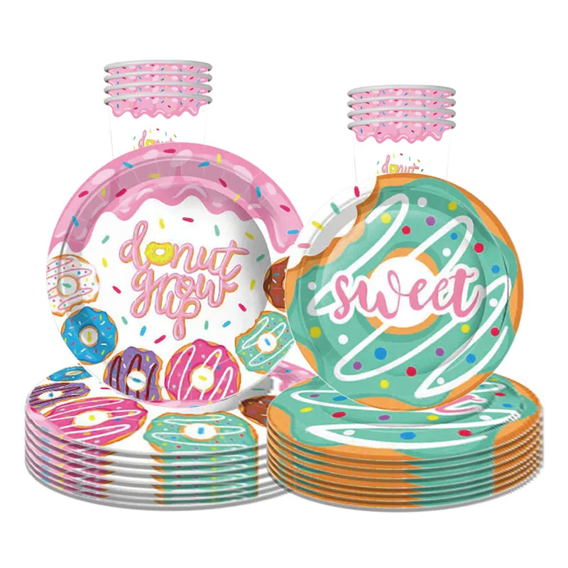 8Pcs Doughnuts Party Disposable Tableware Sweet Grow Up Donuts Plates