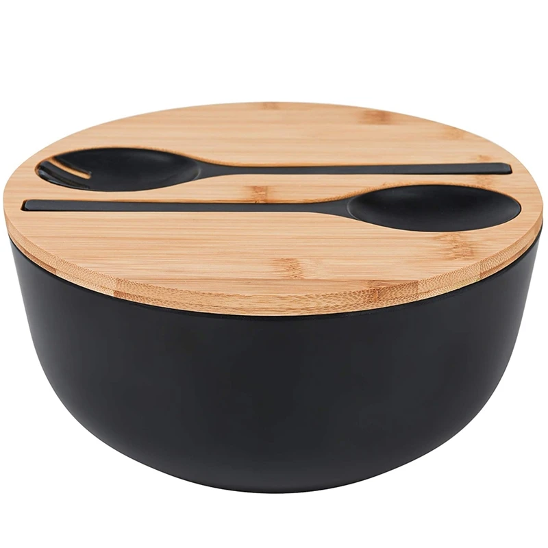 

Салатница из бамбукового волокна с серверами и ложкой с бамбуковой крышкой для фруктов, салатов и украшений, Черная