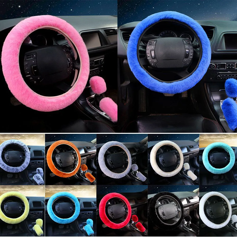 Car interior accessories 3pcs/Set warm faux wool steering wheel cover 38cm for car