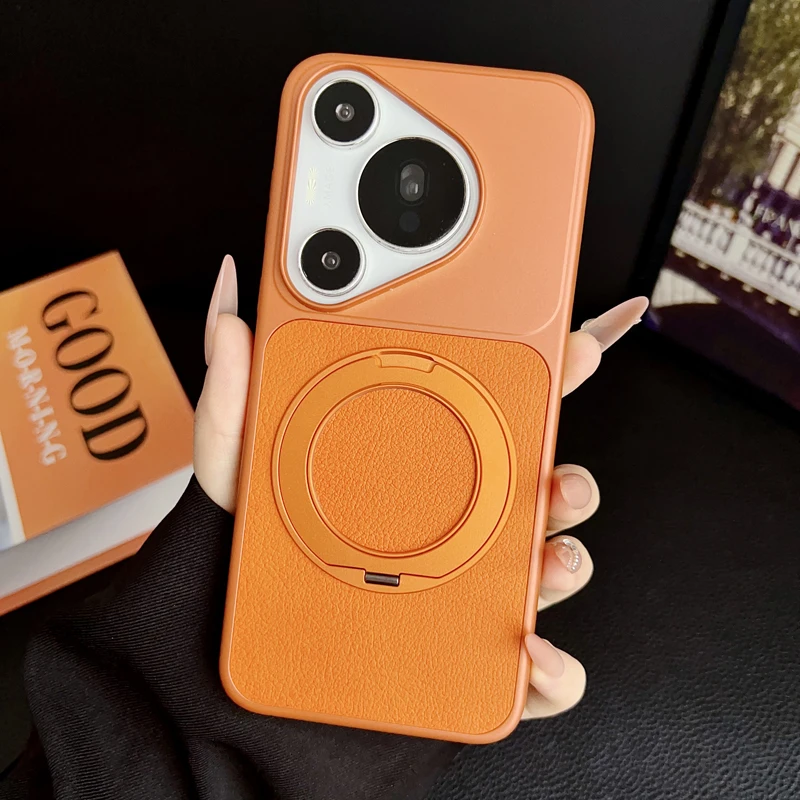 Fashion Magnetic Lychee Texture PU Leather Ultra Thin 360° Rotation Ring Stand Phone Case