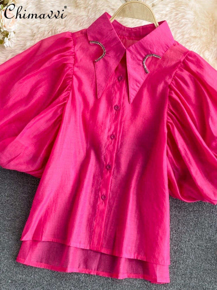 Korean Style Fashion Puff Sleeve Polo Collar Women's Shirts 2023 Summer Vintage Court Style Irregular Rhinestone Short Blouse