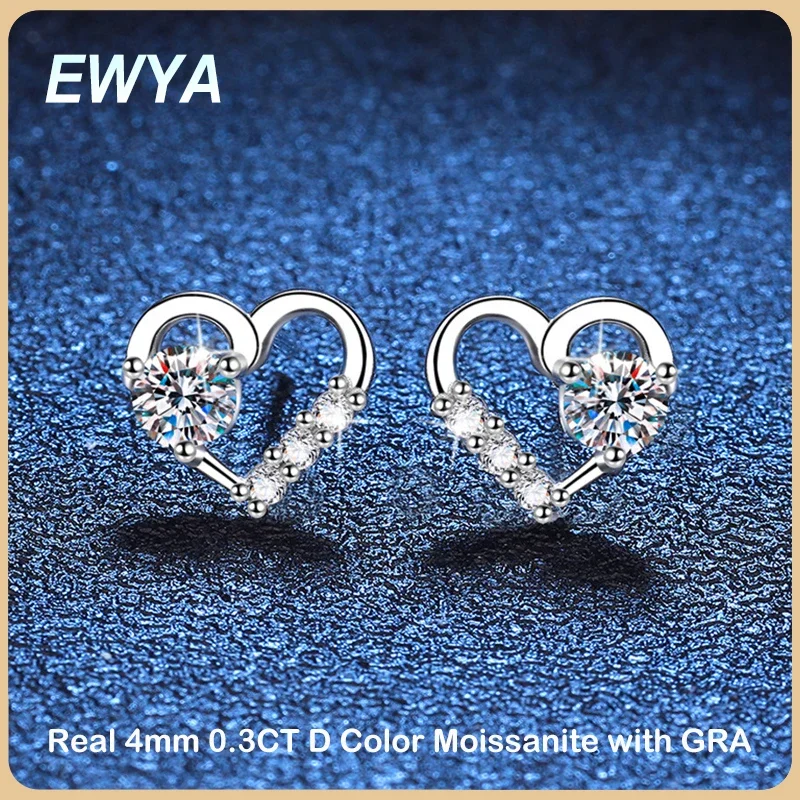 

EWYA New In 0.3CT 4mm D Color Moissanite Stud Earrings For Women Party 925 Sterling Silver Pass Diamond Test Heart Shape Earring