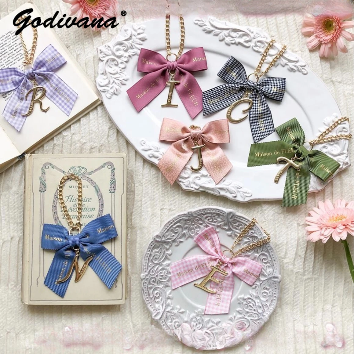 Bow with Letters Pendant Hanging Ornament Japanese Style Keychain Car Decorations Gift Sweet Cute Keyring Bag Charms Accessories