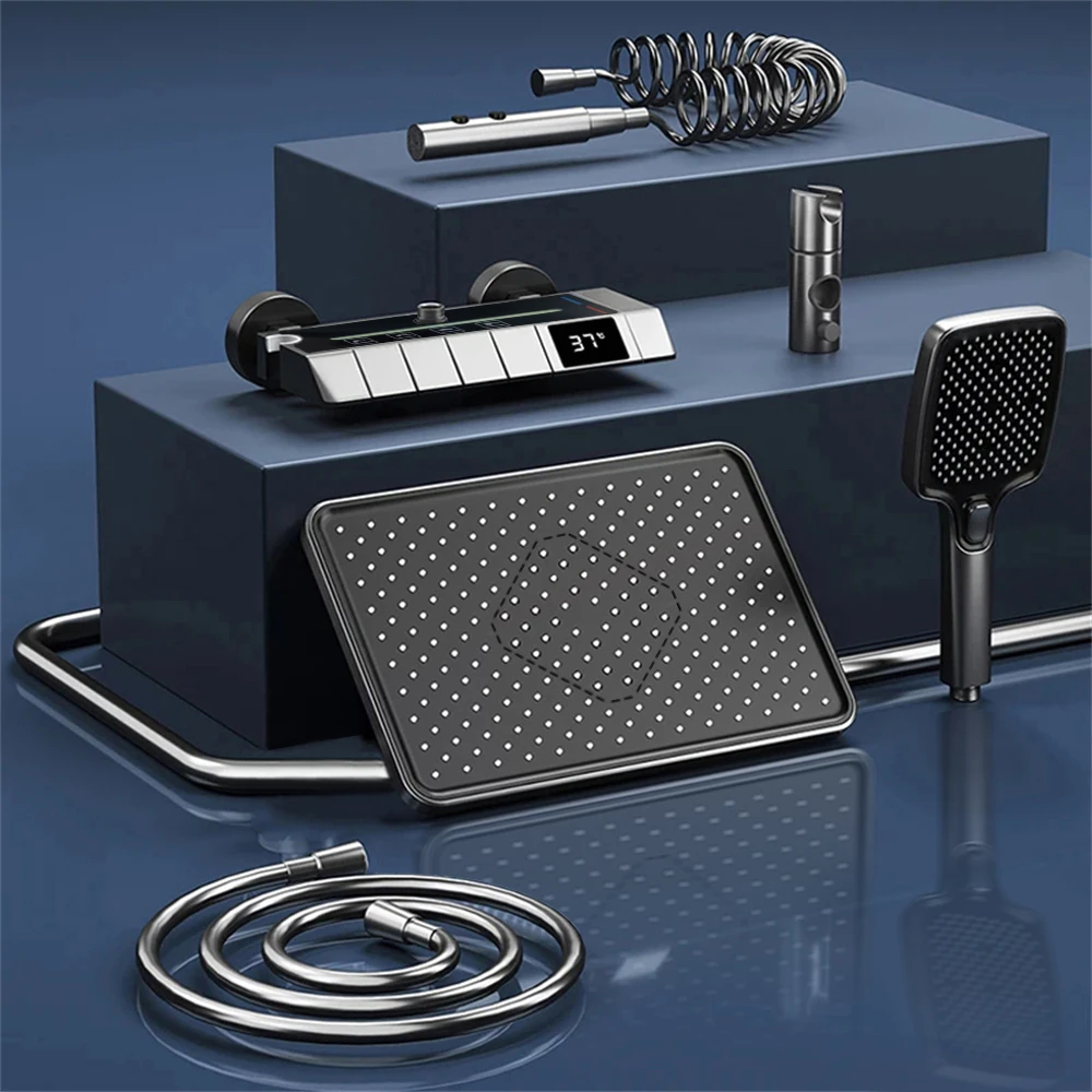Bathroom Shower System Intelligent LED Temperature Display Shower Suite Bathtub Gray Rainfall Mixer Shower Faucet Complete Set 6