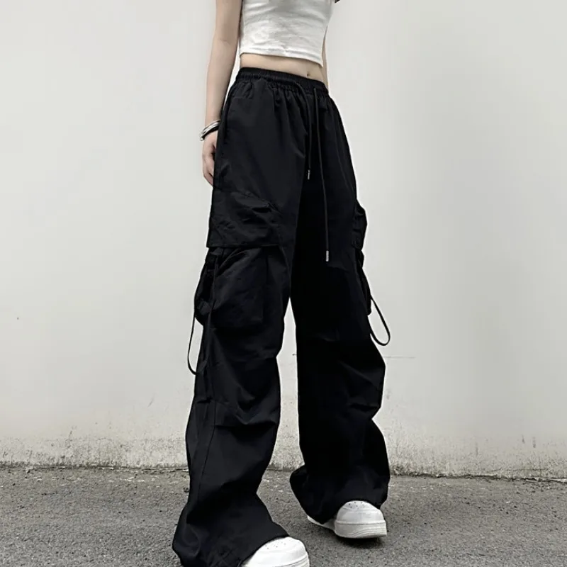 

American New Vintage Black Cargo Pants Fashion Many Pocket Straight Mopping Pants High Street Y2K Baggy Wide Leg Trouser Ladies