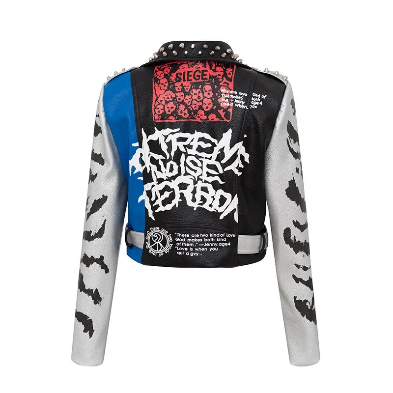Punk Rivets Cropped Leather Jackets Women 2024 Trend Streetwear Graffiti Print Contrast Faux Leather Motorcycle Jacket