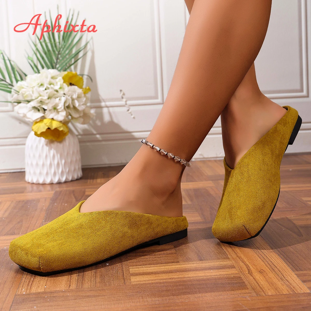 Aphixta 2025 Summer Flat With Slippers Square Toe Slip on Slides Women Sandals Angola Red Concise Mules Shoes Big Size 43 Slides
