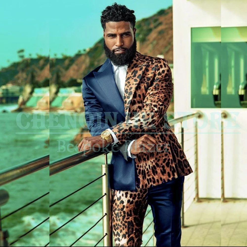 Fashion Leopard Print Men Suits Blazer Elegant Single Breasted Peak Lapel Slim Fit 2 Piece Jacket Pants Sets High Quality Outfit 2