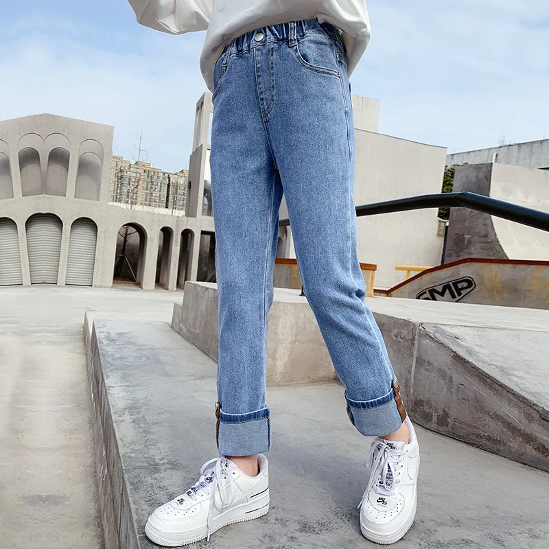 2022 New Girls Jeans Straight Pants Cotton Stretch Denim Trousers