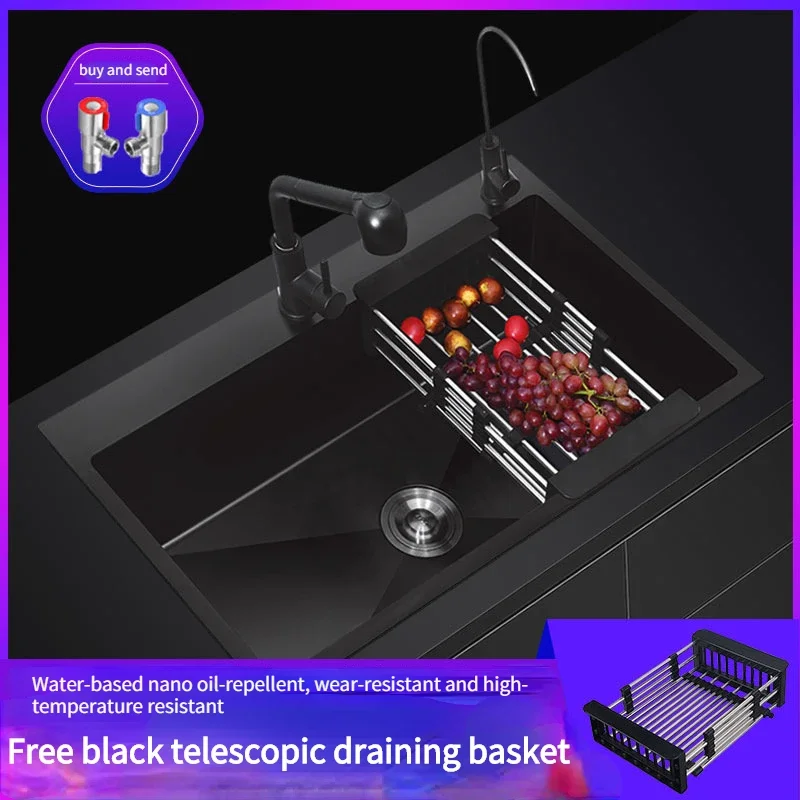 Washbasin Single-slot Large Kitchen Washbasin Handmade Black 304 Nano Stainless Steel Sink Home