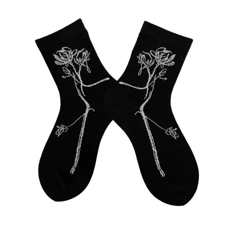 

College Style Chic Womens Socks Korean Vintage Flowel Cotton Socks Grey Black Harajuku Midi-Tube Art Socks Skarpetki