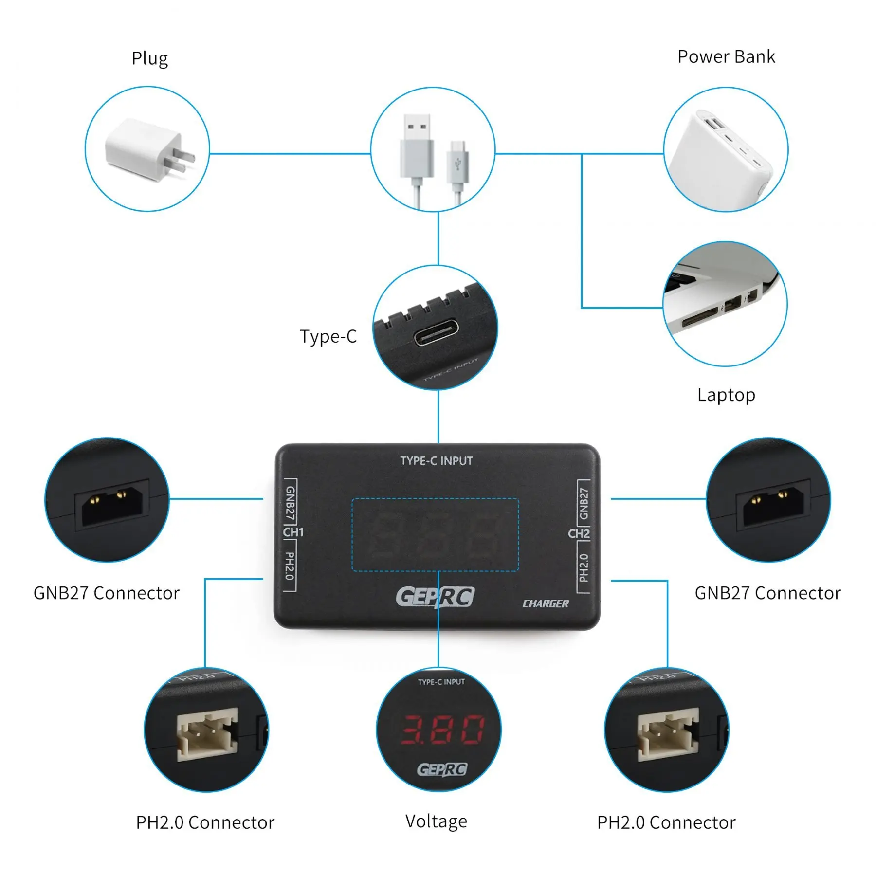 GEPRC GEP-C1 Charger - Type-C 1S LIHV Dual Port GNB27 PH2.0 Fully Charged Buzzer Suit For RC FPV Quadcopter Tinygo Series FPV Drone Battery Charger 19