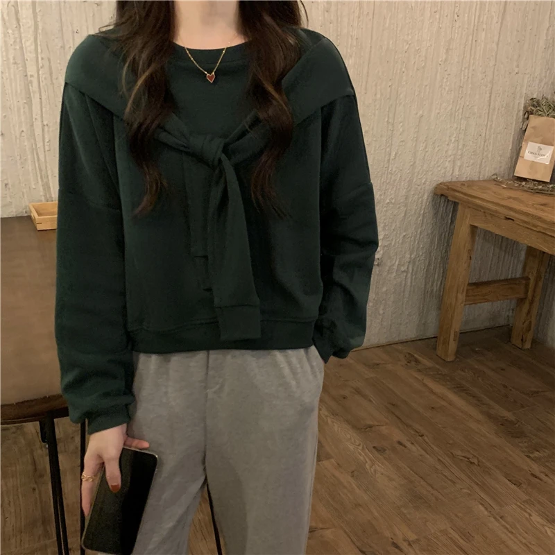 Boring Honey Fake Two Piece Pullover Sweatshirts Loose And Comfortable Round Collar Solid Colors Shawl Hoodies Women Blouses