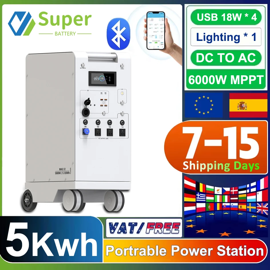 5000W Portable Power Station LiFePO4 48V 100Ah 5Kwh 6000W MPPT Inverter With Light 18W-USB EU AC Input/Output PV Input EU STOCK
