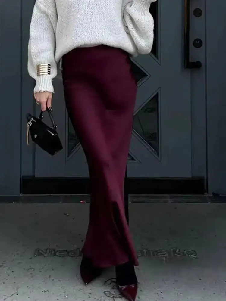 HH Skirt For Women Elegant Pink Skirts High Waist Slim Elastic Waist Satin Long Skirts 2024 Summer Casual Y2k Skirt Mujer