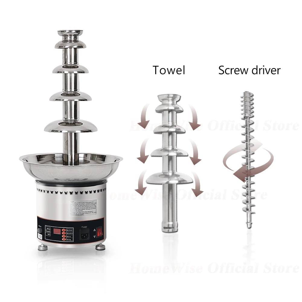HomeWise Chocolate Fountain Stainless Steel Chocolate Waterfall Machine Melting Warming Function 4/5/6/7 Tiers Commercial Use